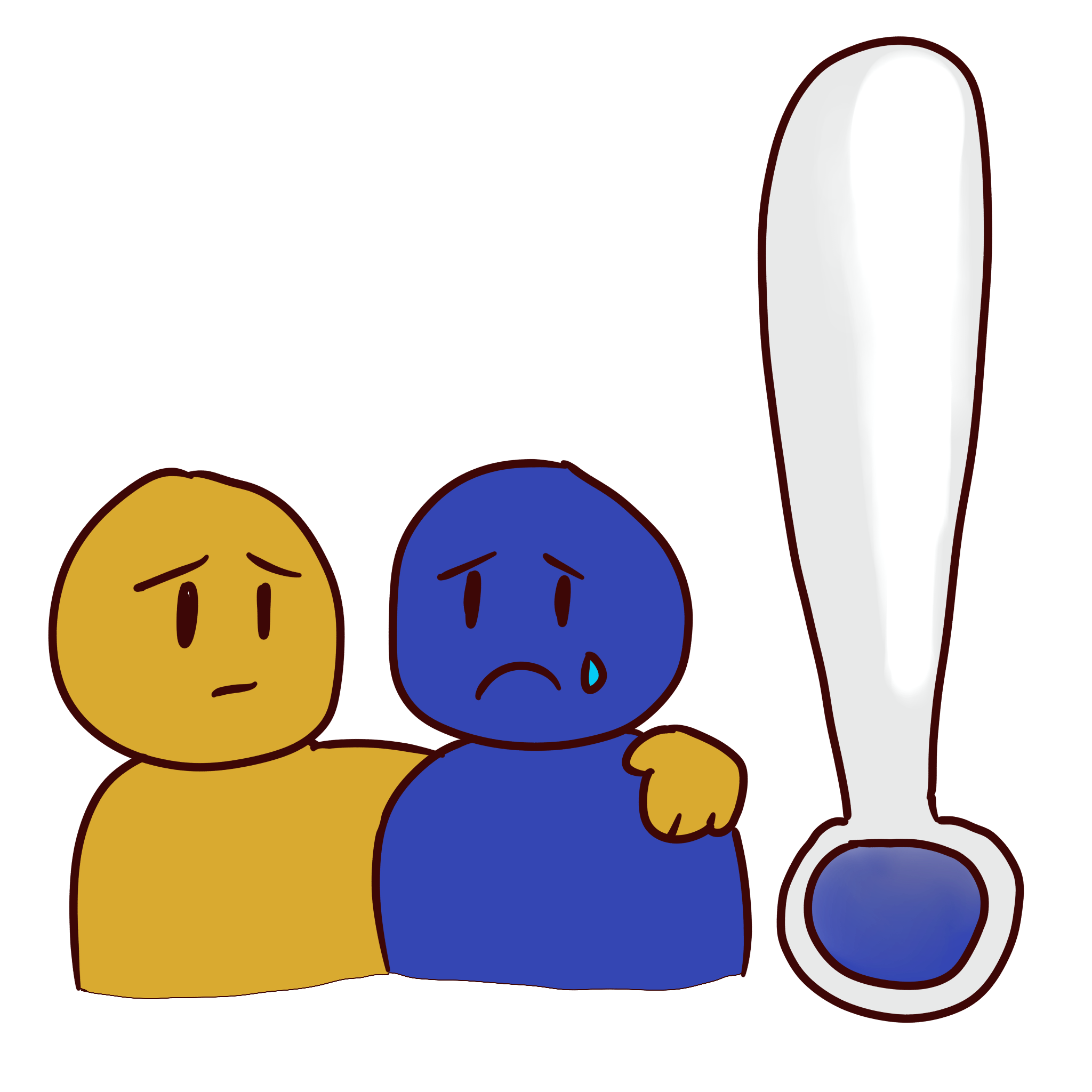 image of a yellow figure comforting a sad blue figure. next to it is a thermometer with a low temperature
